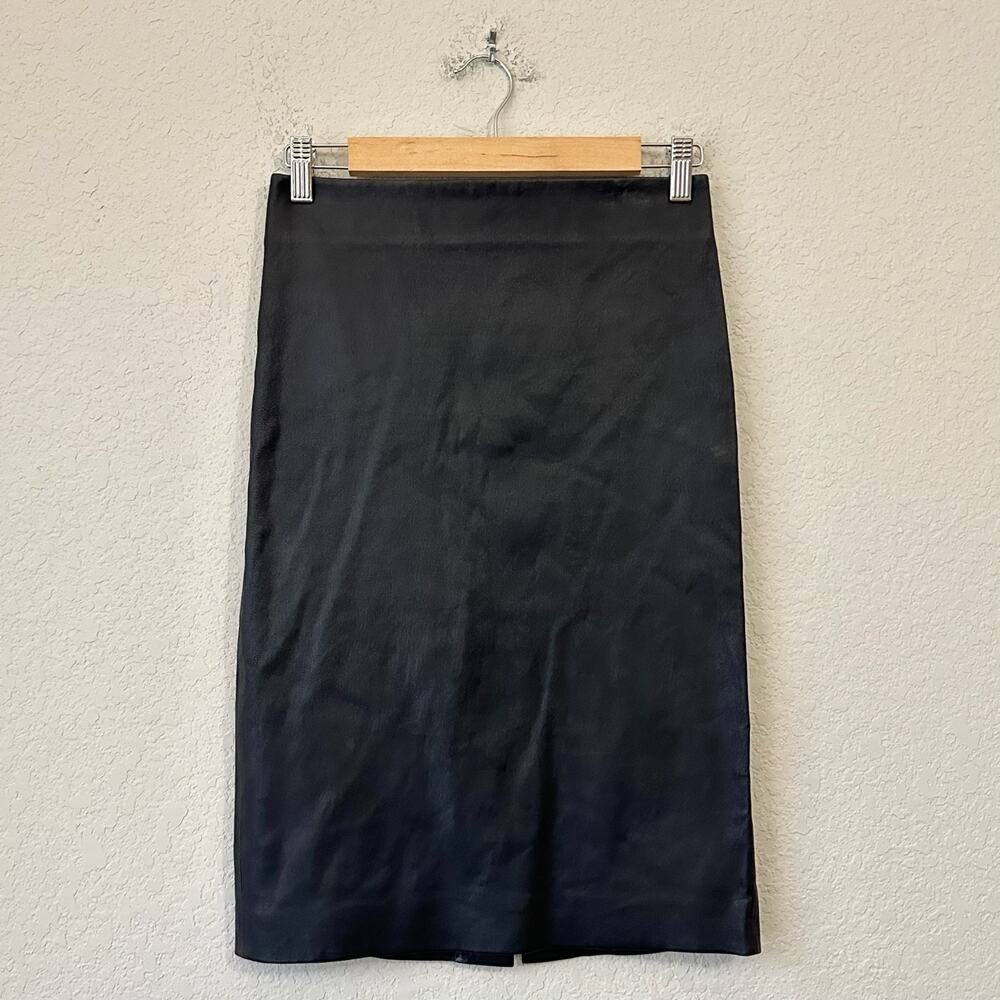 THEORY Skinny Pencil Skirt Black Lamb Leather Slit Stretch Office
